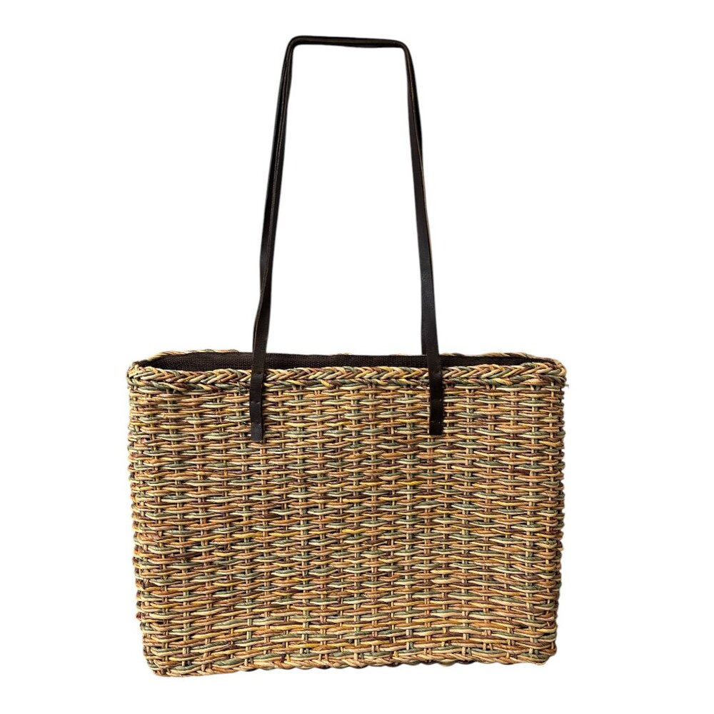 Woven Straw Tote Bag With Long Faux Leather Straps & Zipper Closure By Inge Spor